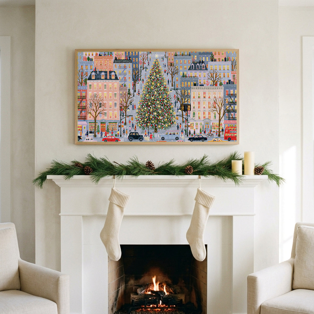 Snowy city street with a big tree art on a TV above a white fireplace with a pine garland and cream stockings