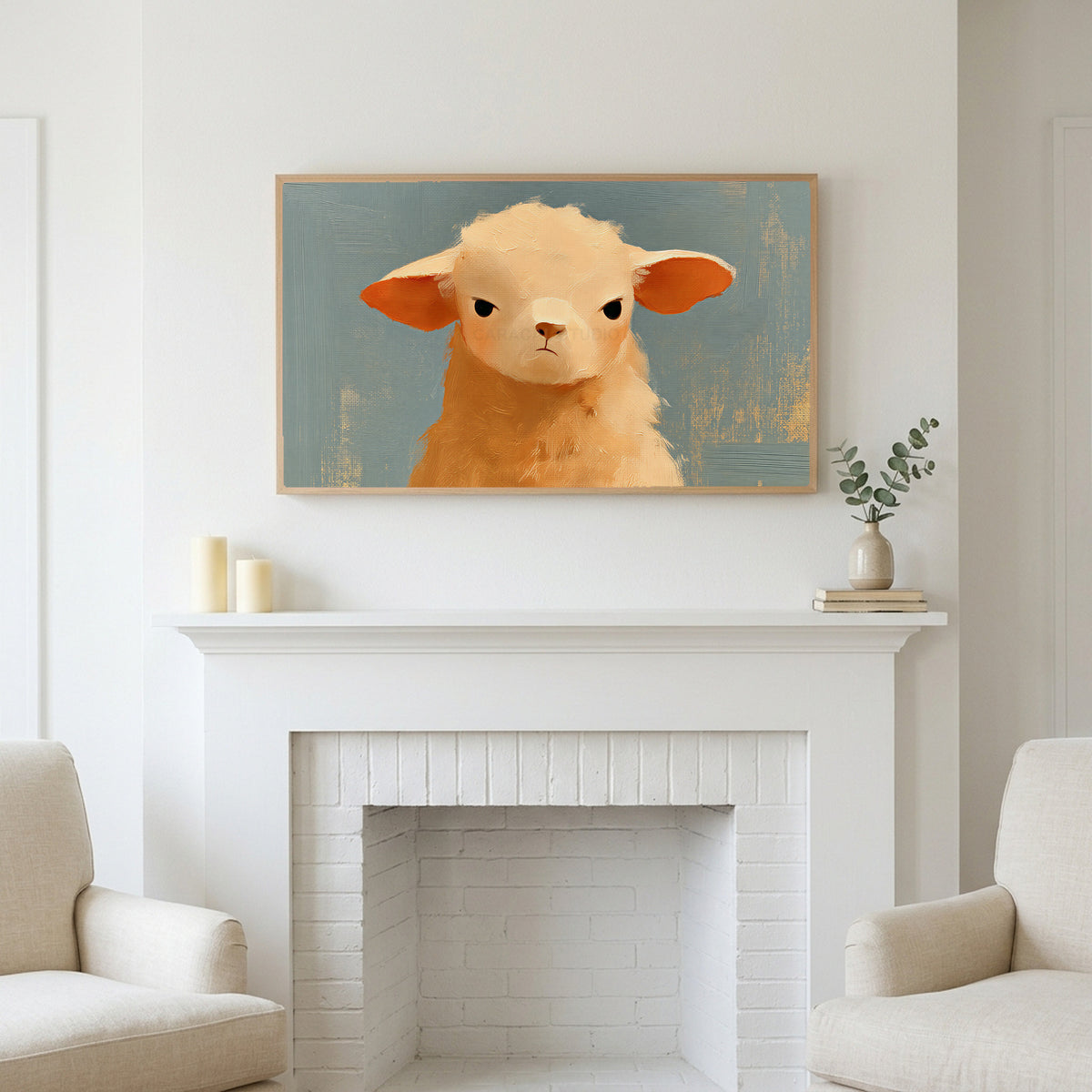 Grumpy lamb art above a white fireplace with candles and eucalyptus on the mantel