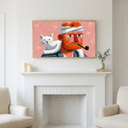Bearded man and cat art above a white fireplace with candles and eucalyptus on the mantel