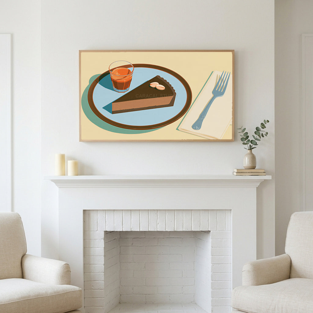 Chocolate tart and espresso art above a white fireplace with candles and eucalyptus on the mantel