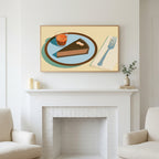 Chocolate tart and espresso art above a white fireplace with candles and eucalyptus on the mantel
