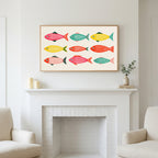 Frame TV art above a white fireplace with candles and eucalyptus on the mantel