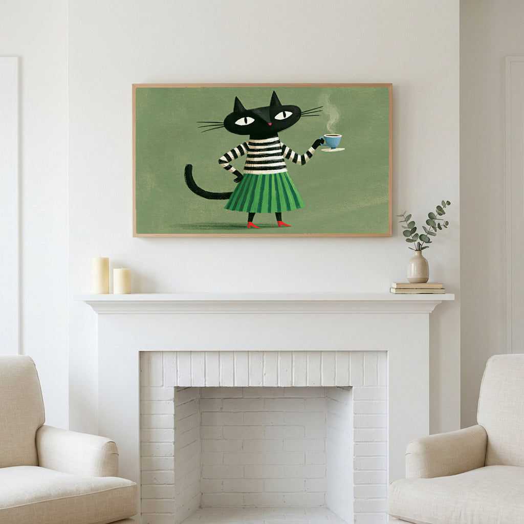 Frame TV art above a white fireplace with candles and eucalyptus on the mantel