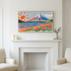 Crayon Mount Fuji art above a white fireplace with candles and eucalyptus on the mantel