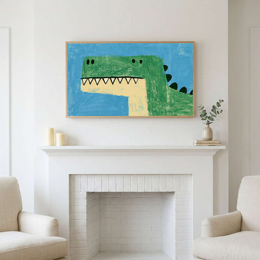 Frame TV art above a white fireplace with candles and eucalyptus on the mantel
