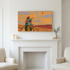 Father and daughter art above a white fireplace with candles and eucalyptus on the mantel