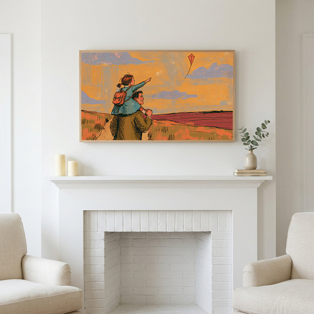 Father and daughter art above a white fireplace with candles and eucalyptus on the mantel