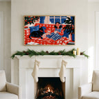 Cozy Christmas evening art on a TV above a white fireplace with a pine garland and cream stockings