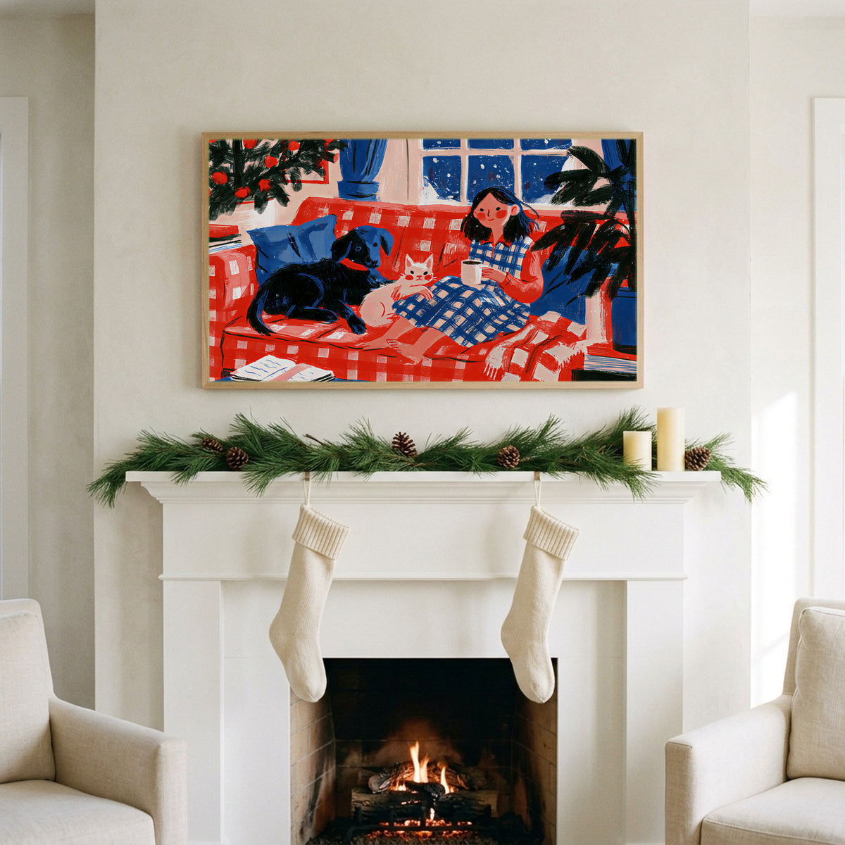 Cozy Christmas evening art on a TV above a white fireplace with a pine garland and cream stockings
