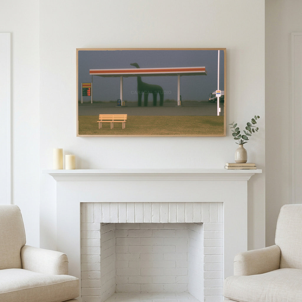 Foggy gas station art above a white fireplace with candles and eucalyptus on the mantel