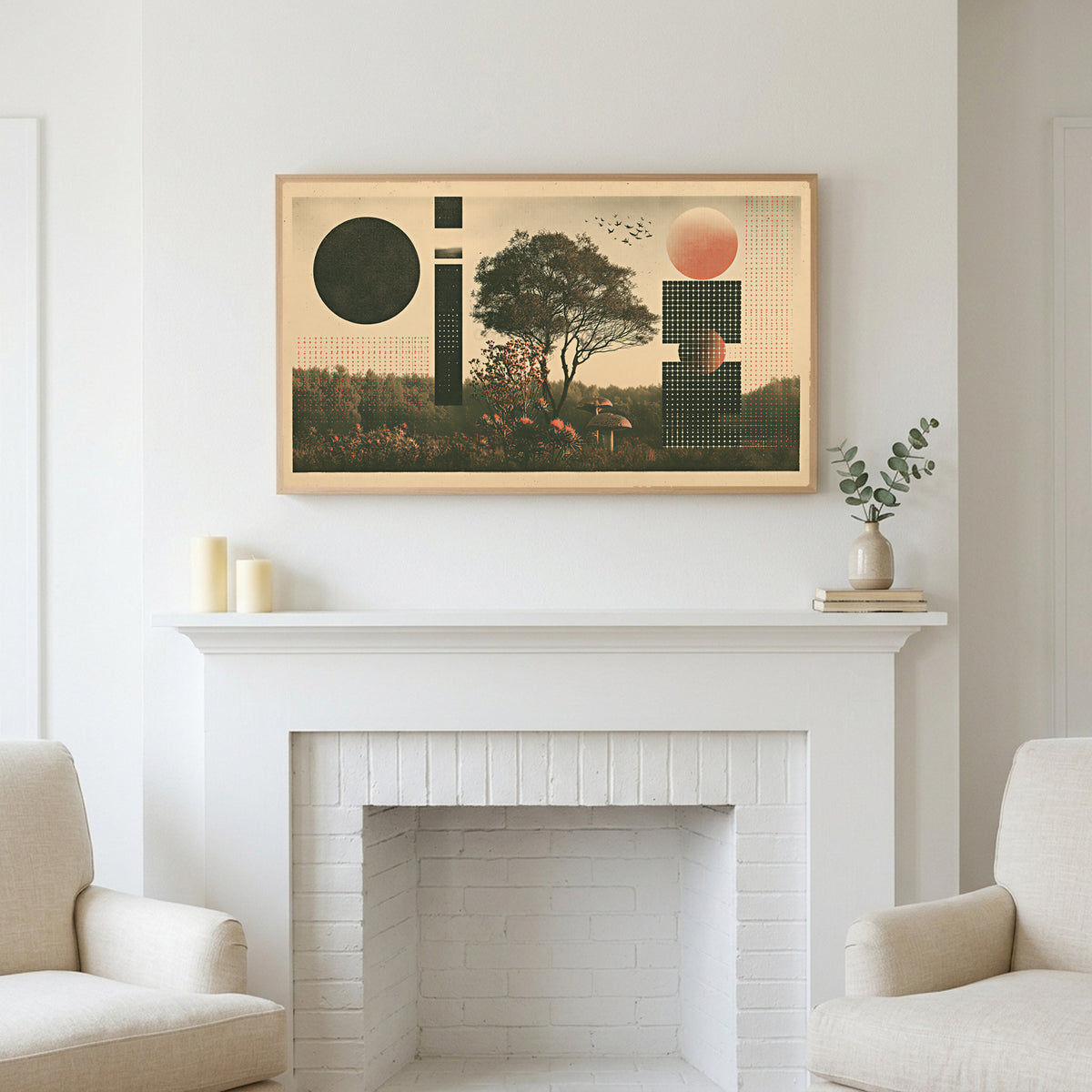 Tree and mushroom collage art above a white fireplace with candles and eucalyptus on the mantel