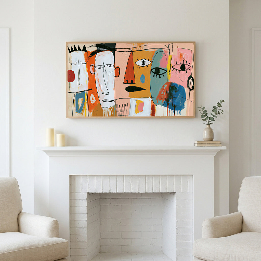 Colorful abstract faces art above a white fireplace with candles and eucalyptus on the mantel