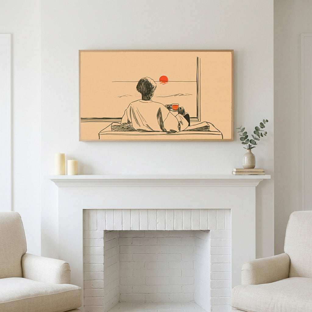 Sunset tea art above a white fireplace with candles and eucalyptus on the mantel