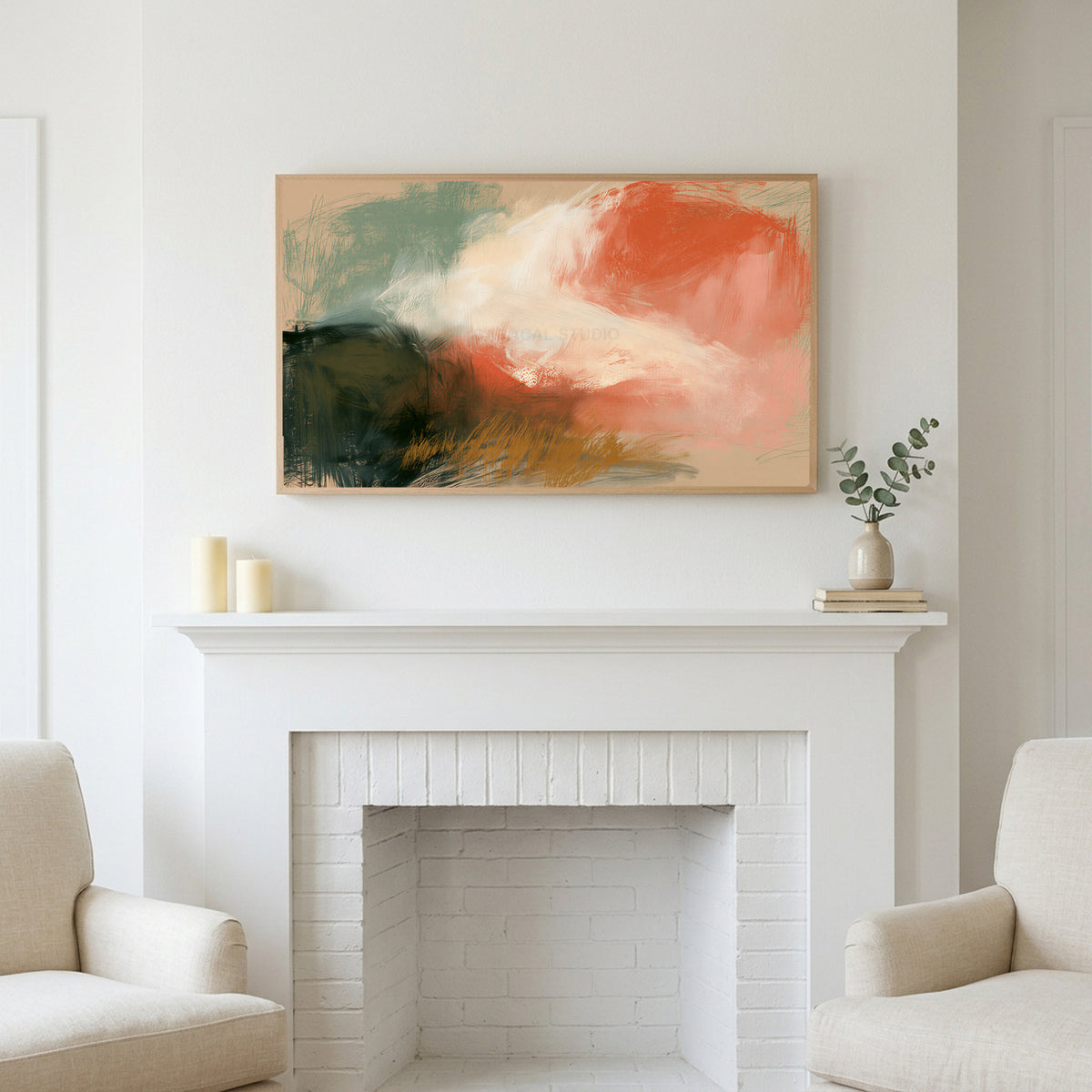 Chalk pastel abstract art above a white fireplace with candles and eucalyptus on the mantel