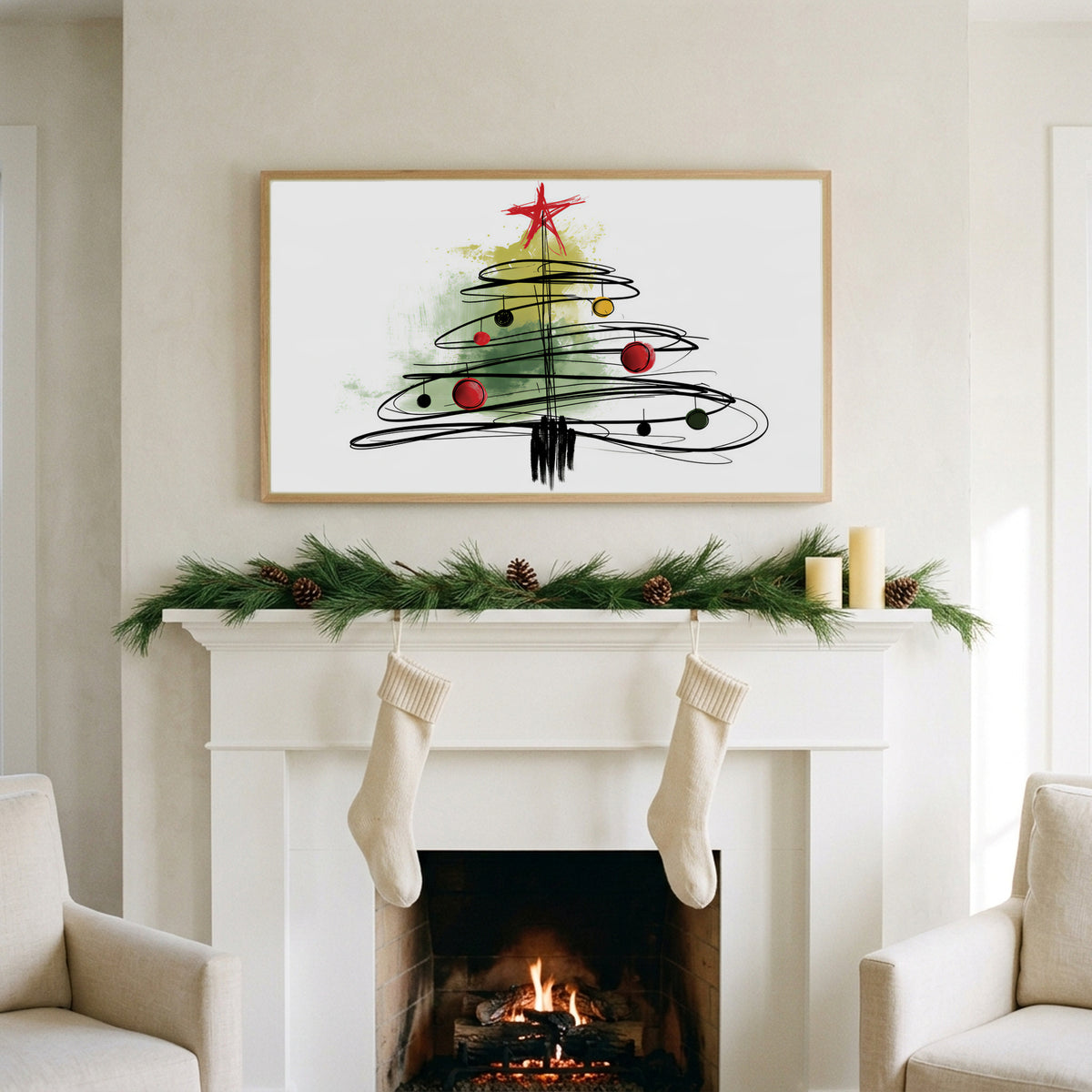 Scribble Christmas tree art on a TV above a white fireplace with a pine garland and cream stockings