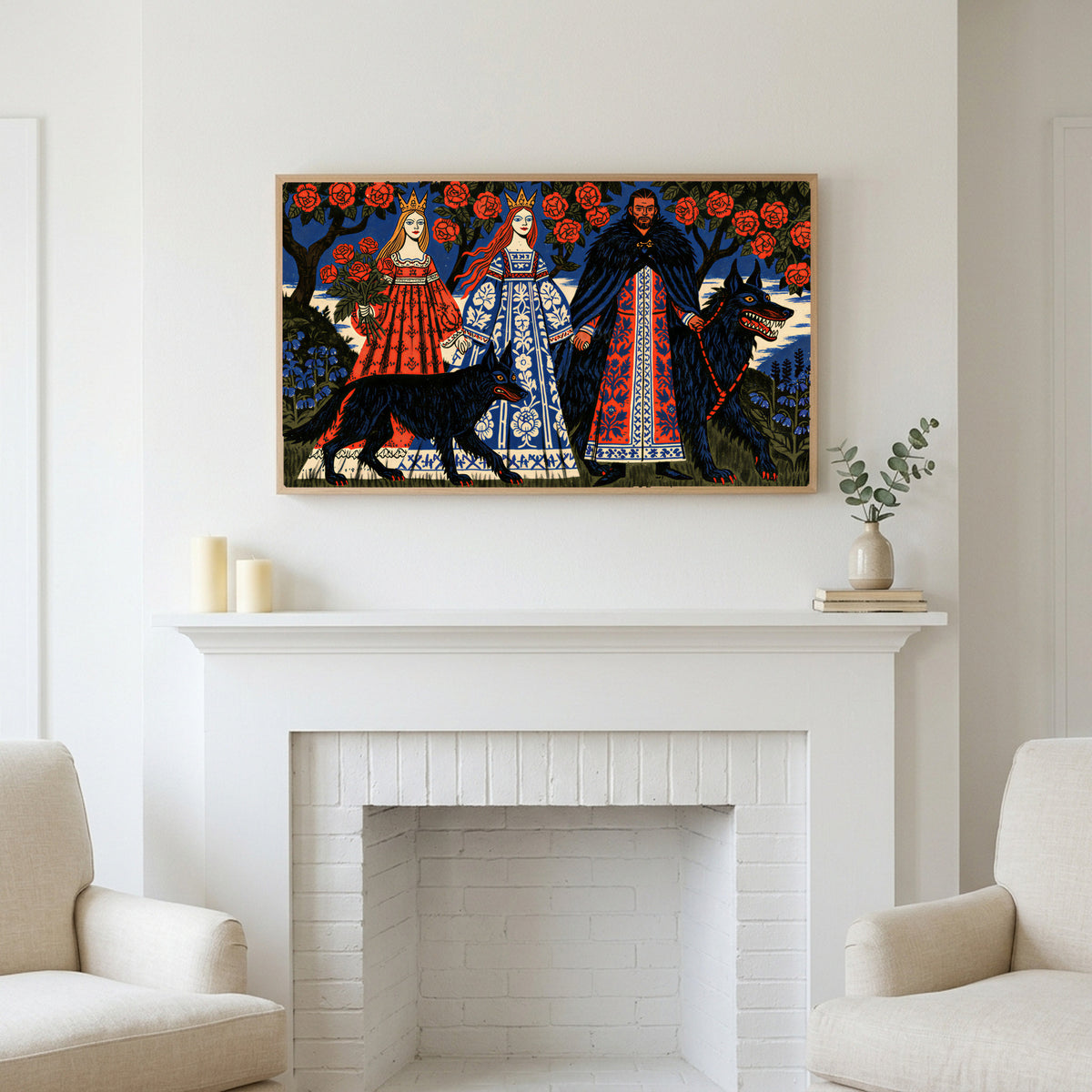 Folk fairy tale wolves art above a white fireplace with candles and eucalyptus on the mantel