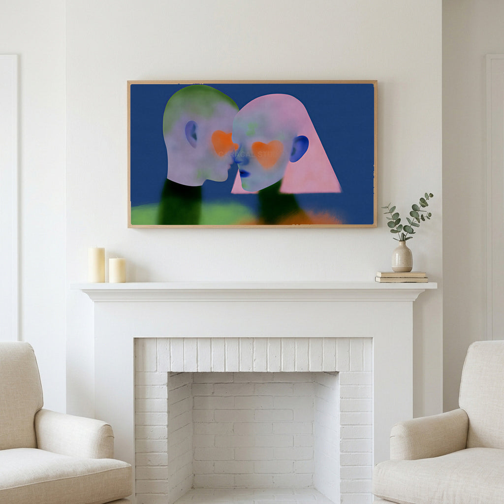 Heart cheek portrait art above a white fireplace with candles and eucalyptus on the mantel