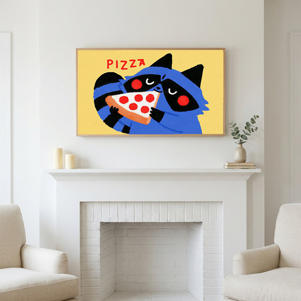 Raccoon pizza art above a white fireplace with candles and eucalyptus on the mantel