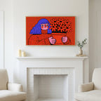 Blue hair portrait art above a white fireplace with candles and eucalyptus on the mantel