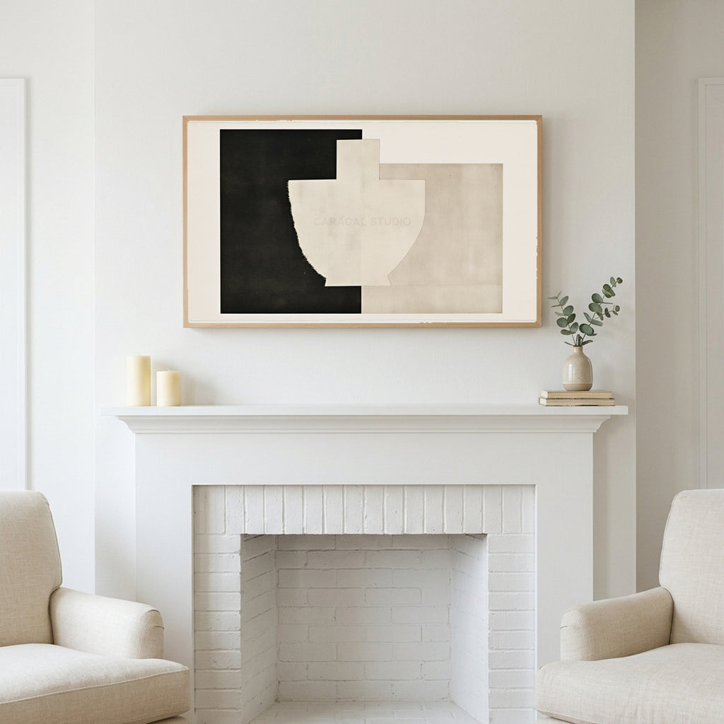 Torn paper vase collage art above a white fireplace with candles and eucalyptus on the mantel