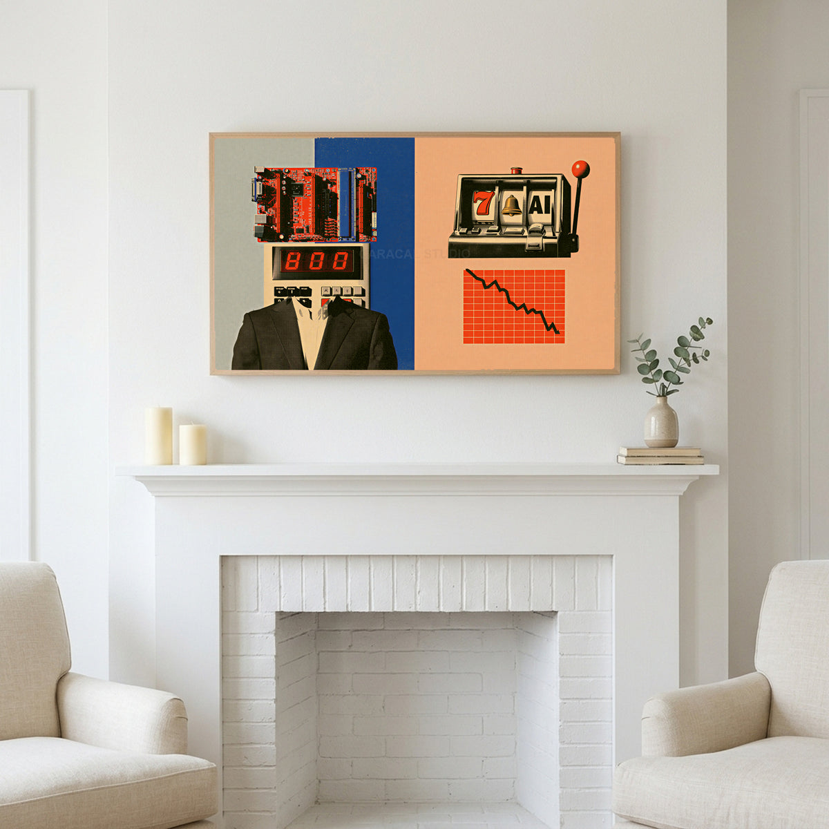 Calculator head collage art above a white fireplace with candles and eucalyptus on the mantel