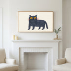 British Blue cat art above a white fireplace with candles and eucalyptus on the mantel
