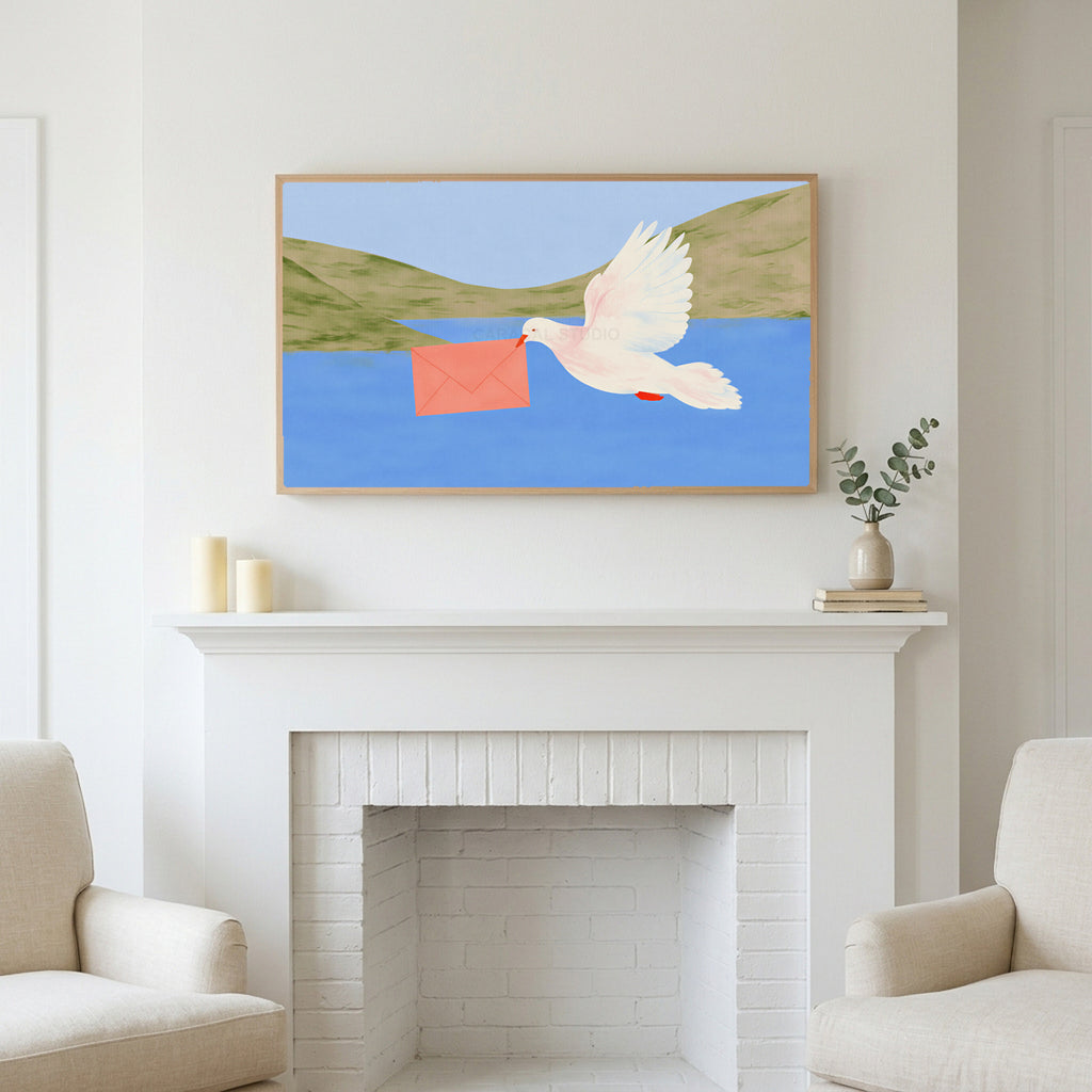 Dove with a letter art above a white fireplace with candles and eucalyptus on the mantel