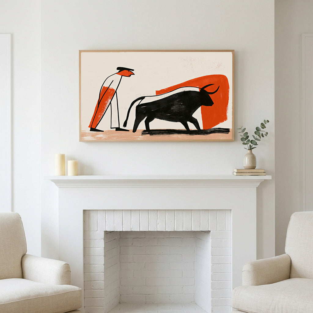 Matador and bull art above a white fireplace with candles and eucalyptus on the mantel