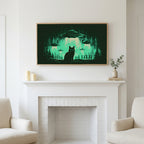 Black cat UFO art above a white fireplace with candles and eucalyptus on the mantel