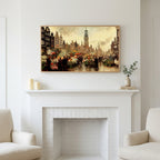 Frame TV art above a white fireplace with candles and eucalyptus on the mantel