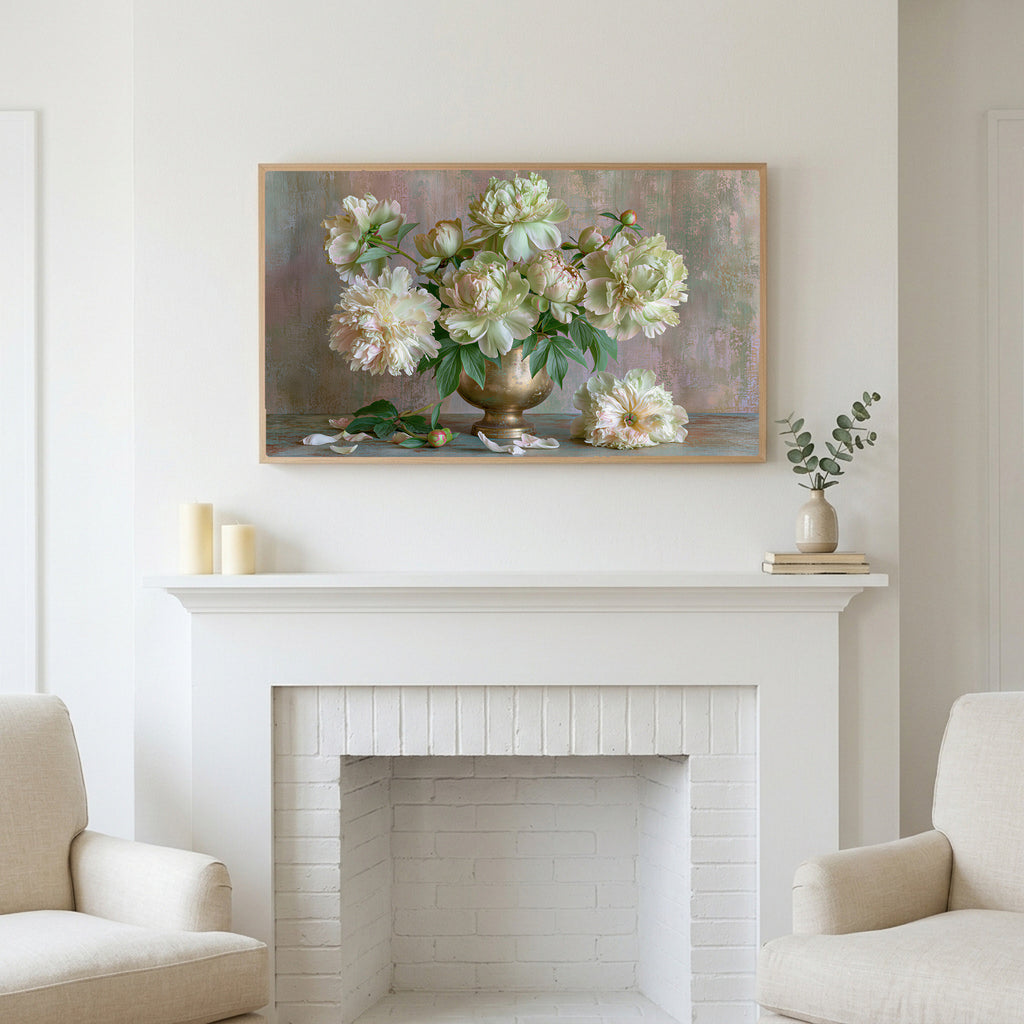 Peonies in a brass urn art above a white fireplace with candles and eucalyptus on the mantel