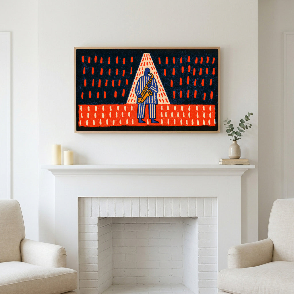 Jazz saxophone art above a white fireplace with candles and eucalyptus on the mantel