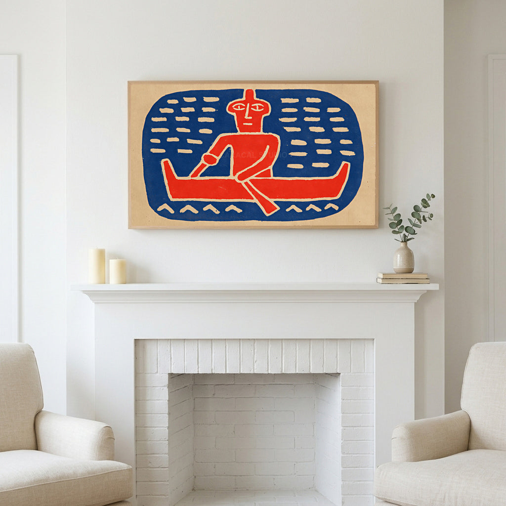 Folk art canoe paddler art above a white fireplace with candles and eucalyptus on the mantel