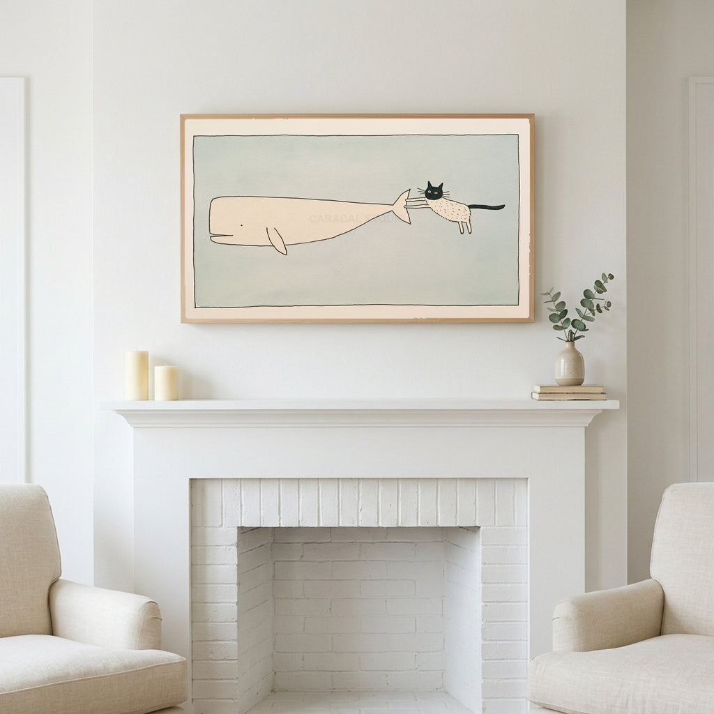 Cat and whale art above a white fireplace with candles and eucalyptus on the mantel