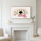 Puppy with a pink scarf art above a white fireplace with candles and eucalyptus on the mantel
