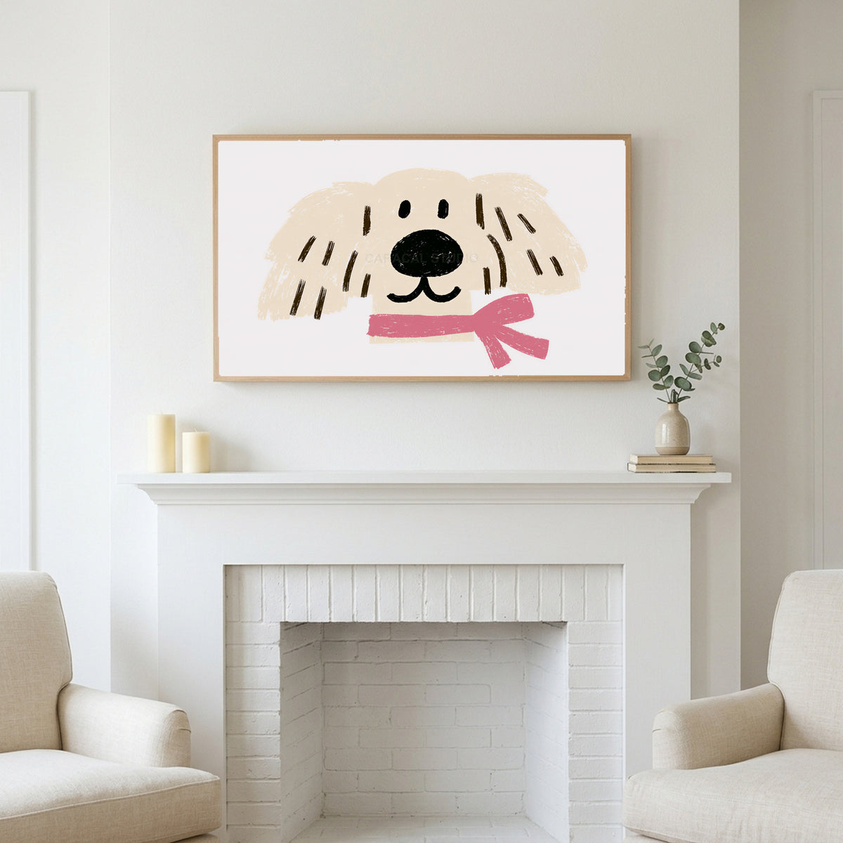 Puppy with a pink scarf art above a white fireplace with candles and eucalyptus on the mantel