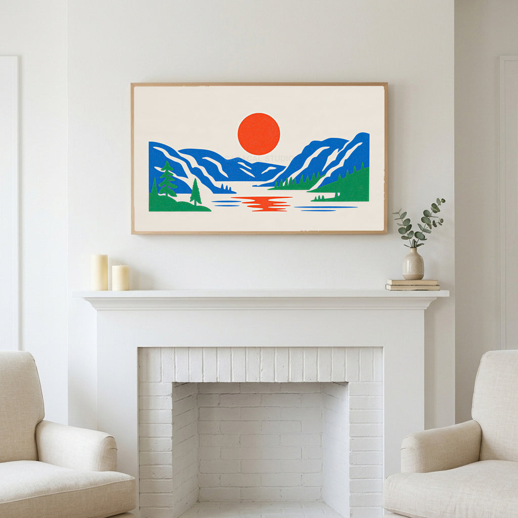 Mountain lake sun art above a white fireplace with candles and eucalyptus on the mantel