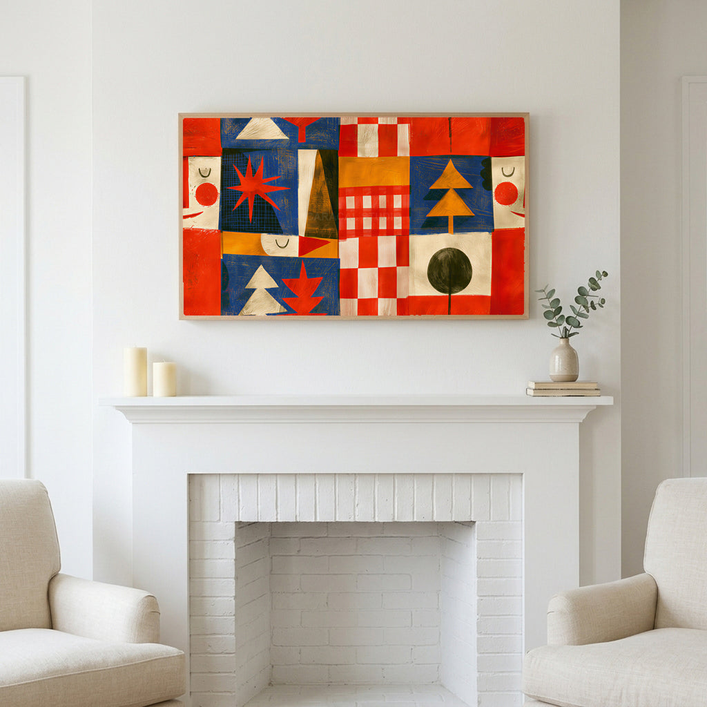 Folk art patchwork art above a white fireplace with candles and eucalyptus on the mantel