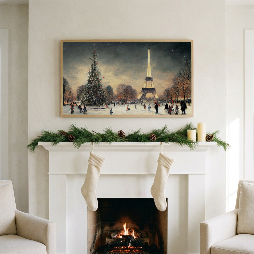 Paris in snow art on a TV above a white fireplace with a pine garland and cream stockings