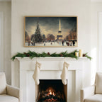Paris in snow art on a TV above a white fireplace with a pine garland and cream stockings
