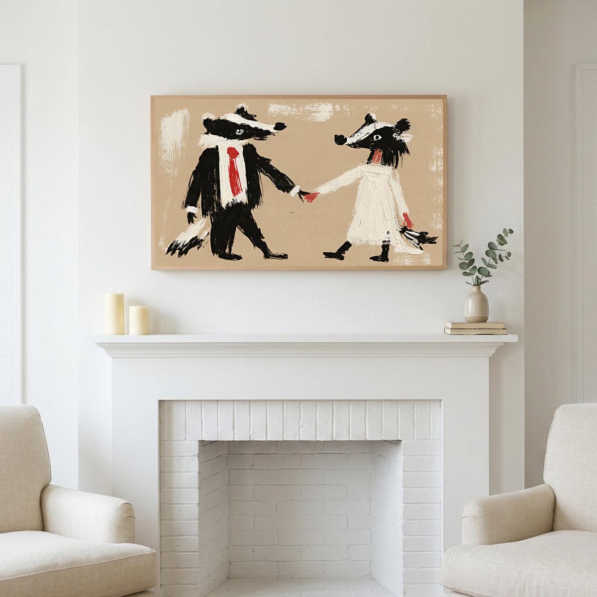 Frame TV art above a white fireplace with candles and eucalyptus on the mantel