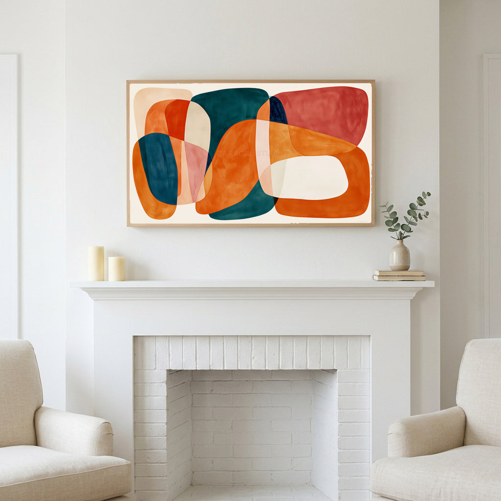 Organic shapes art above a white fireplace with candles and eucalyptus on the mantel