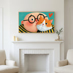 Frame TV art above a white fireplace with candles and eucalyptus on the mantel