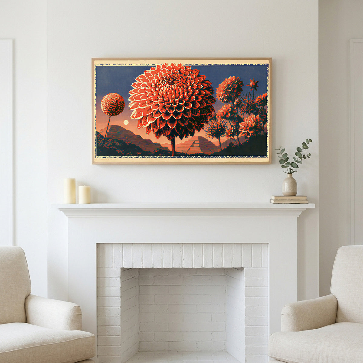 Retro dahlia art above a white fireplace with candles and eucalyptus on the mantel