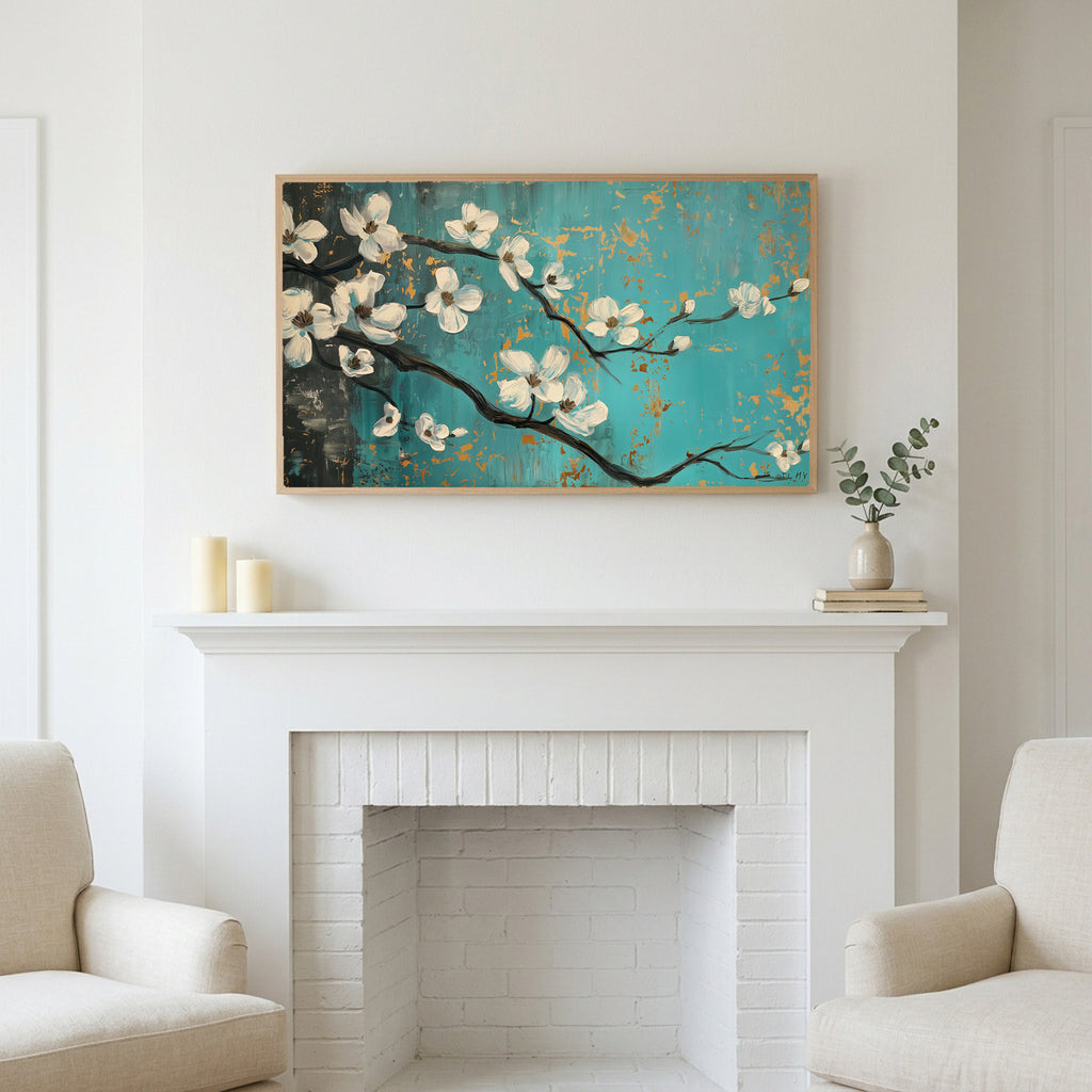 Frame TV art above a white fireplace with candles and eucalyptus on the mantel