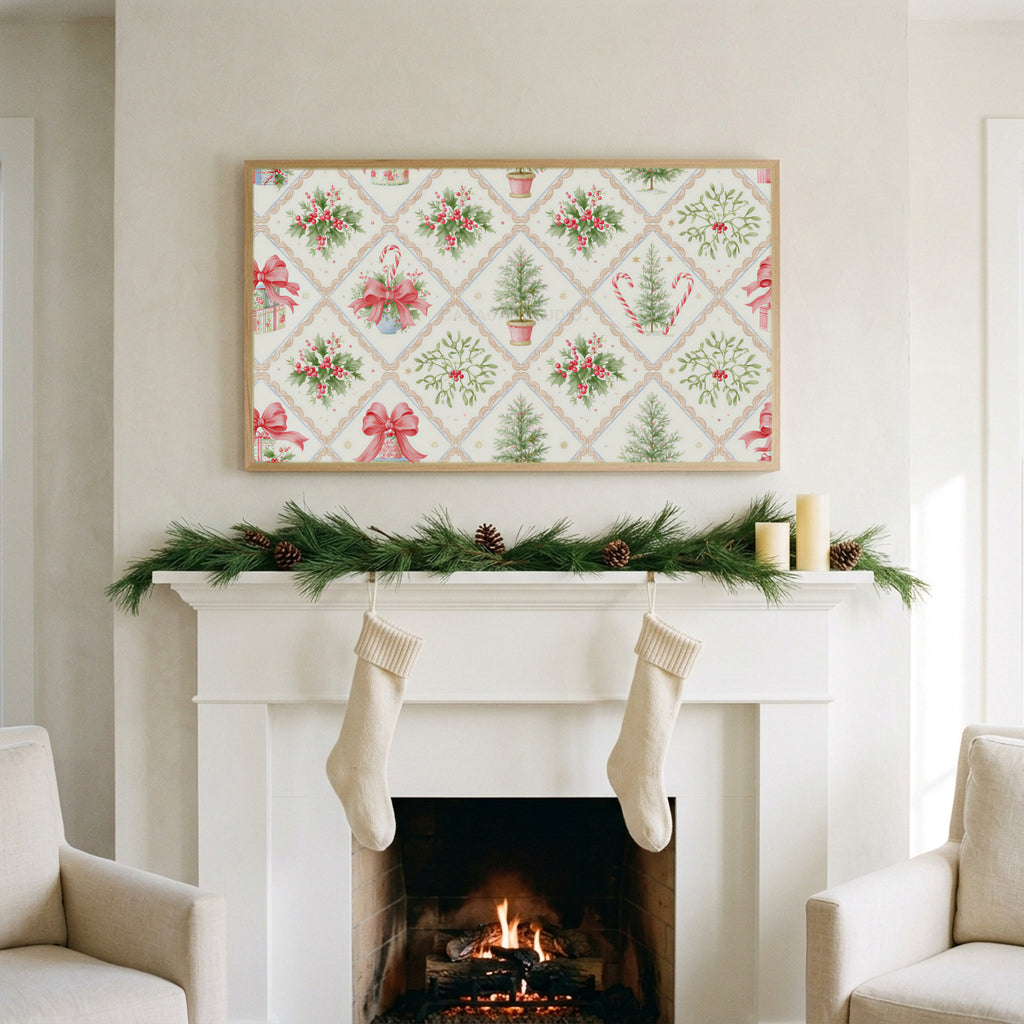Christmas holly and candy cane pattern art on a TV above a white fireplace with a pine garland and cream stockings