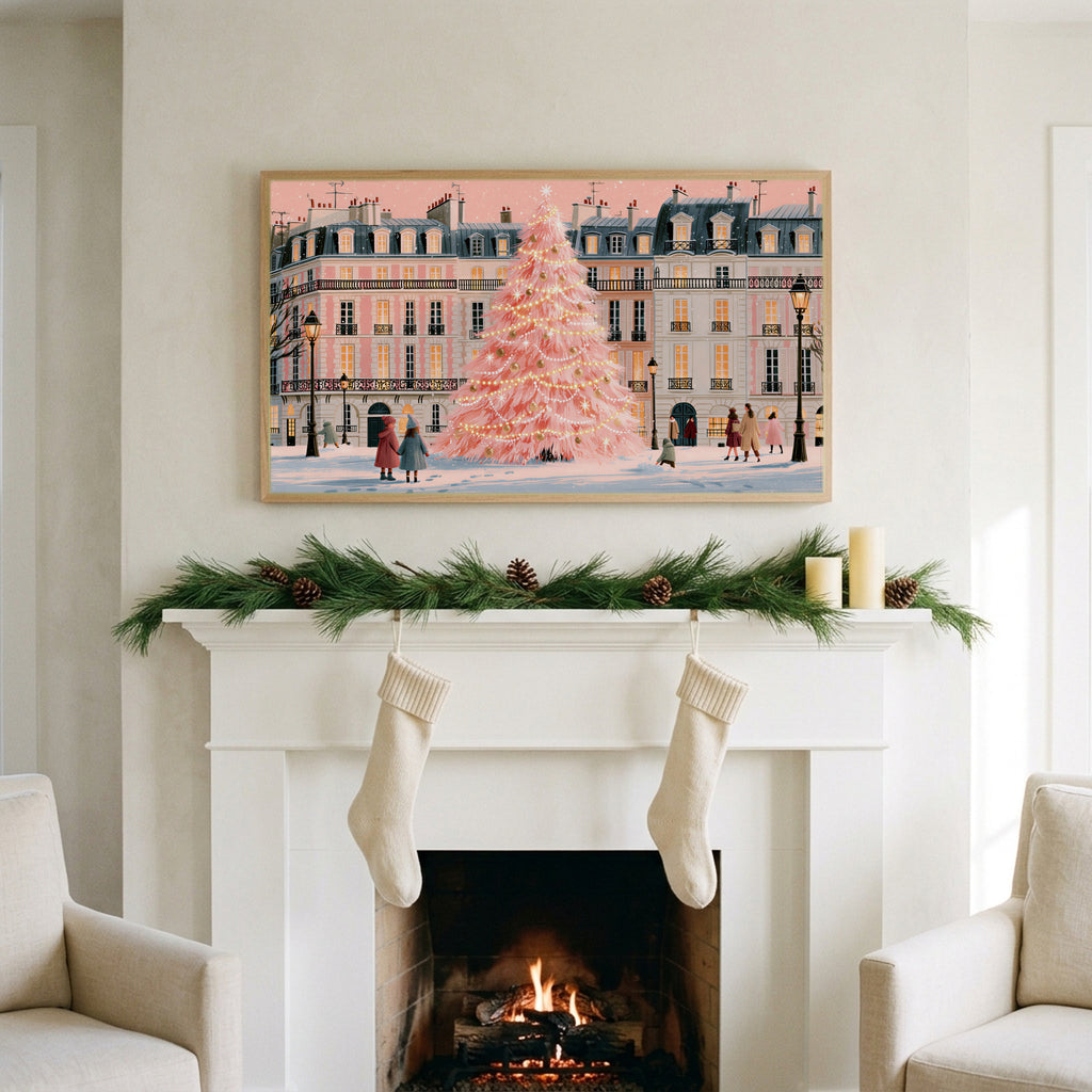 Paris pink Christmas tree art on a TV above a white fireplace with a pine garland and cream stockings
