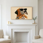 Dalmatian in sunglasses art above a white fireplace with candles and eucalyptus on the mantel