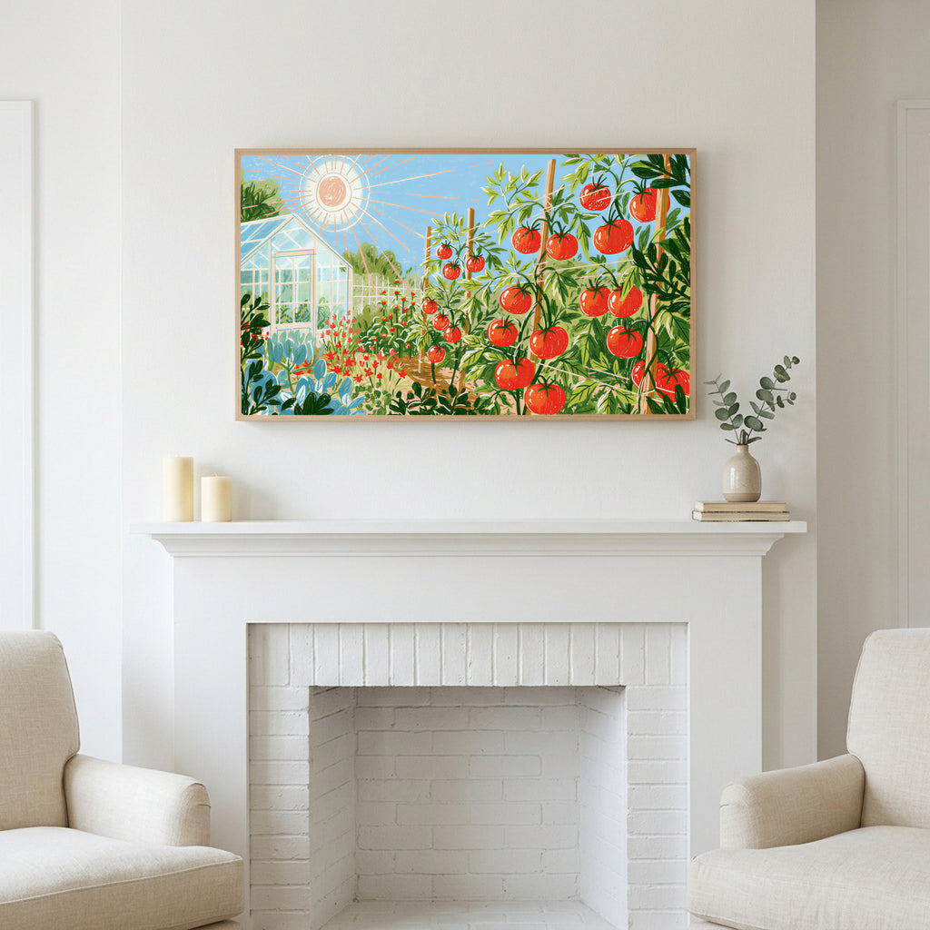 Tomato garden art above a white fireplace with candles and eucalyptus on the mantel