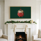 Hedgehog ornament art on a TV above a white fireplace with a pine garland and cream stockings